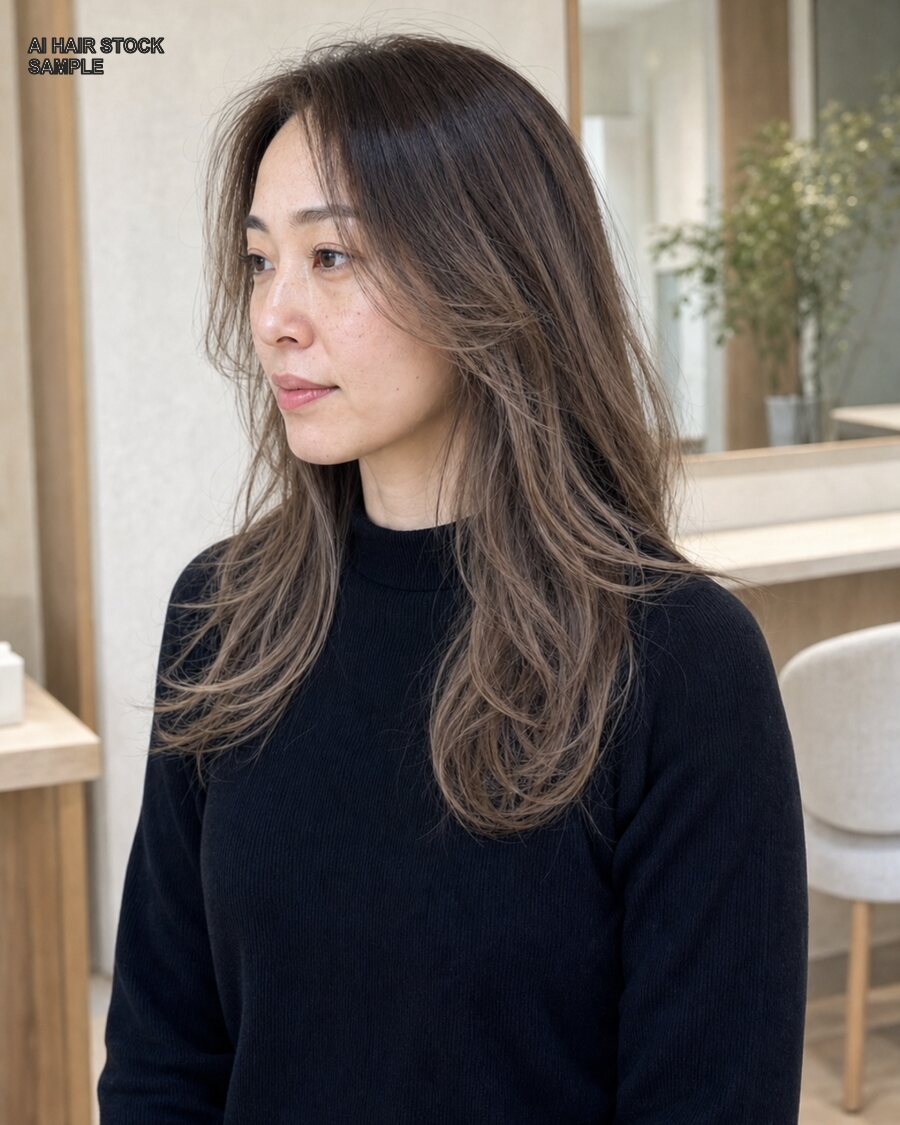 透明感バレイヤージュロングを斜め45度から見たAIヘアモデル