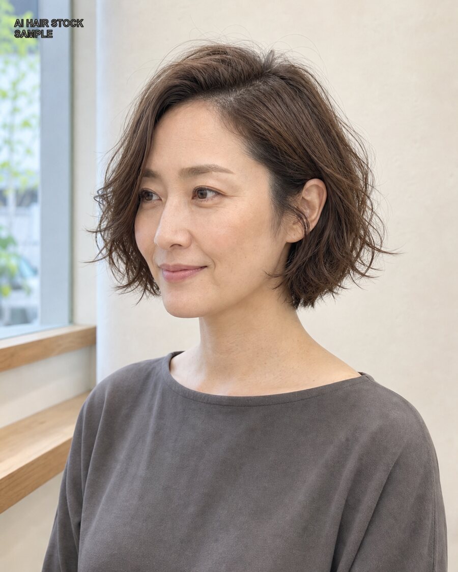 エアリーカールボブを斜め45度から見たAIヘアモデル