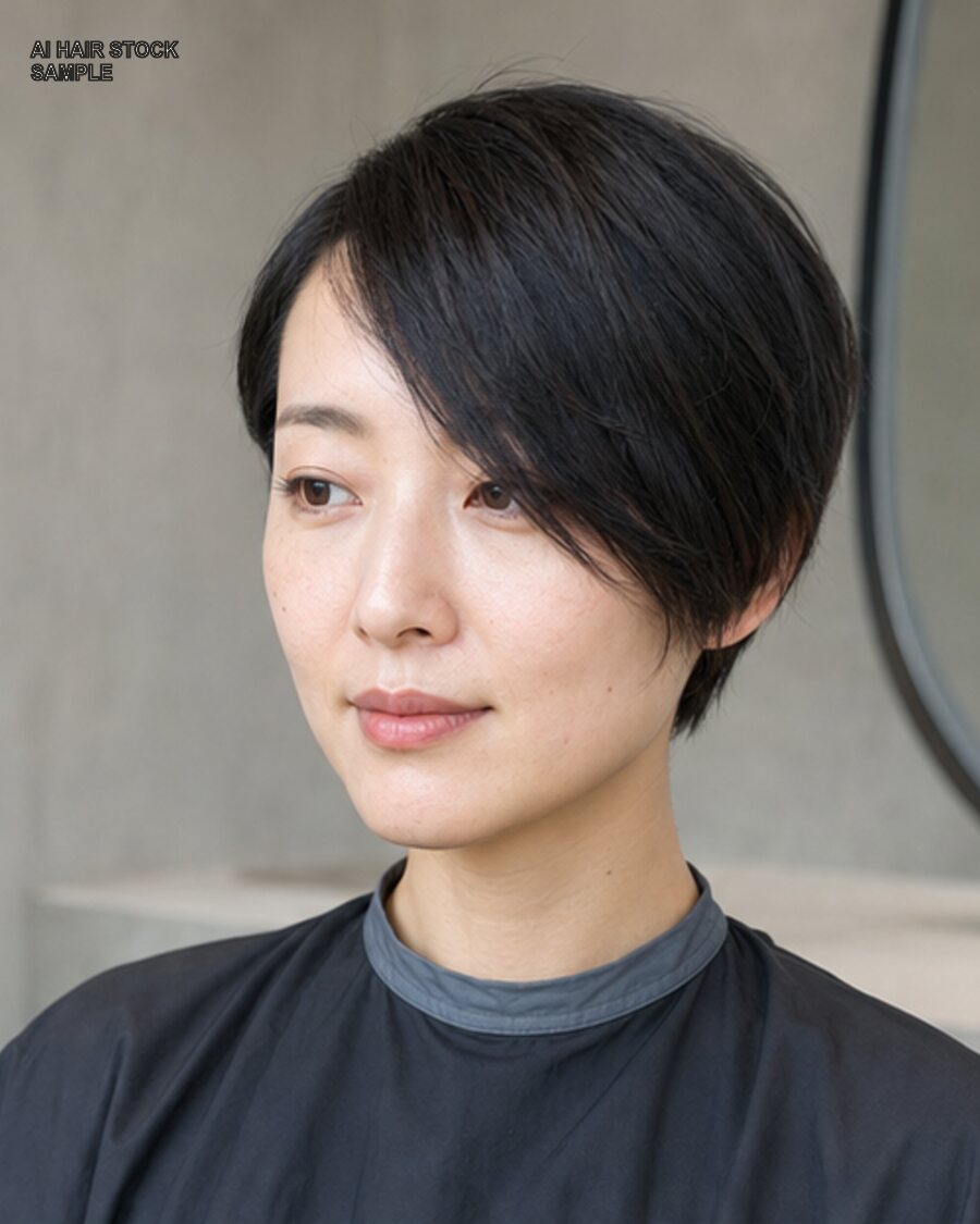 アシンメトリーピクシーを斜め45度から見たAIヘアモデル