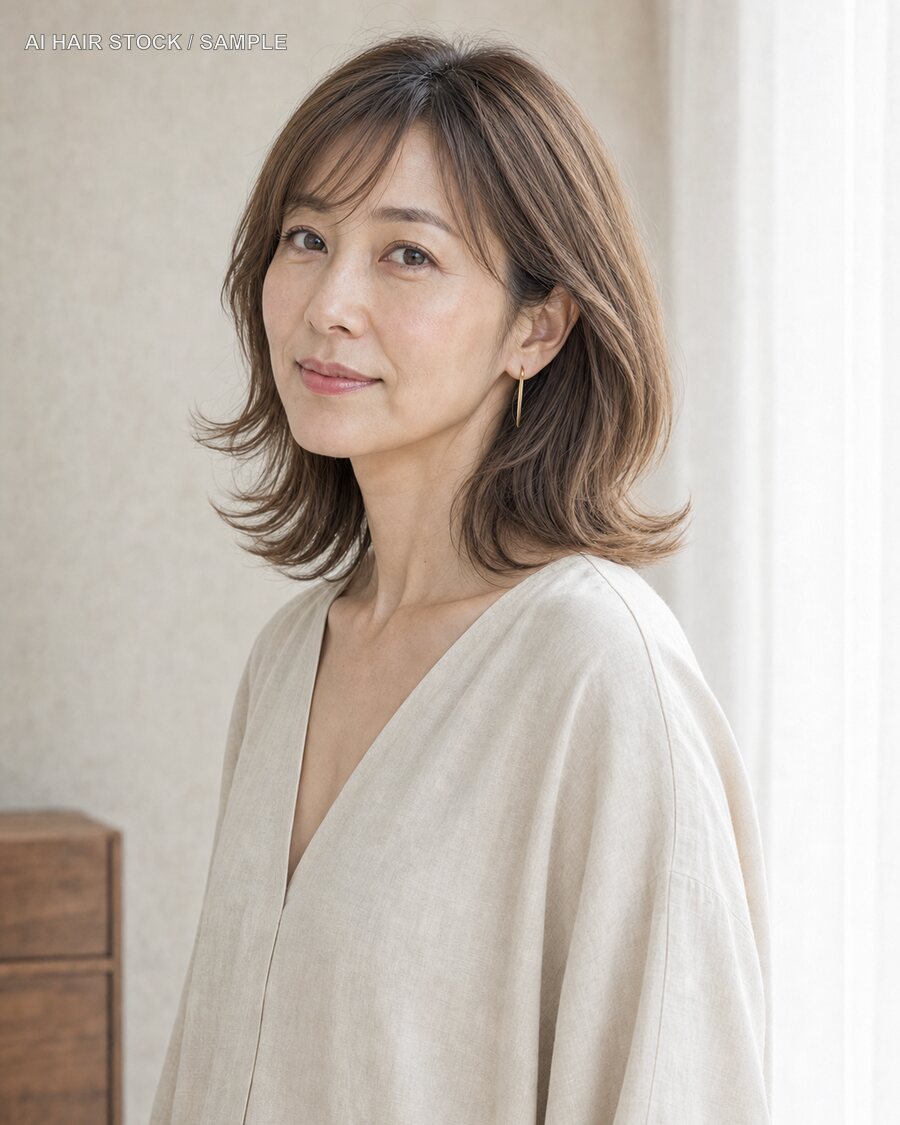 ベージュショルダーロブを斜め45度から見たAIヘアモデル