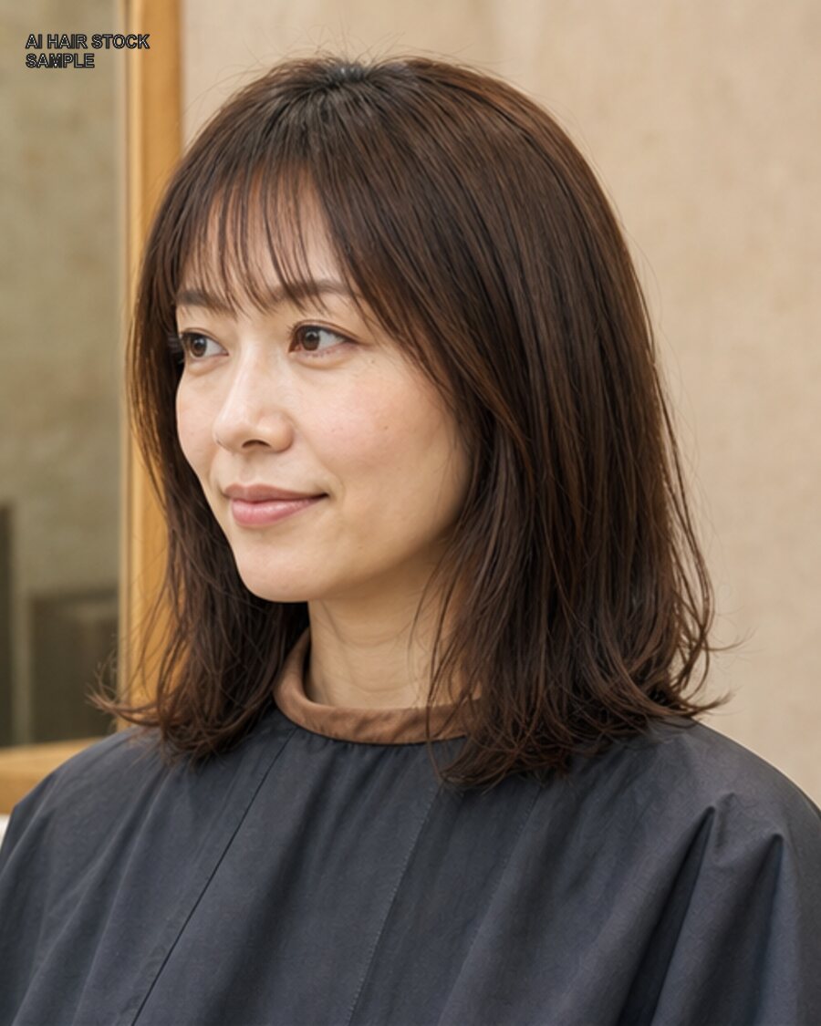 栗色の前髪ロブを斜め45度から見たAIヘアモデル