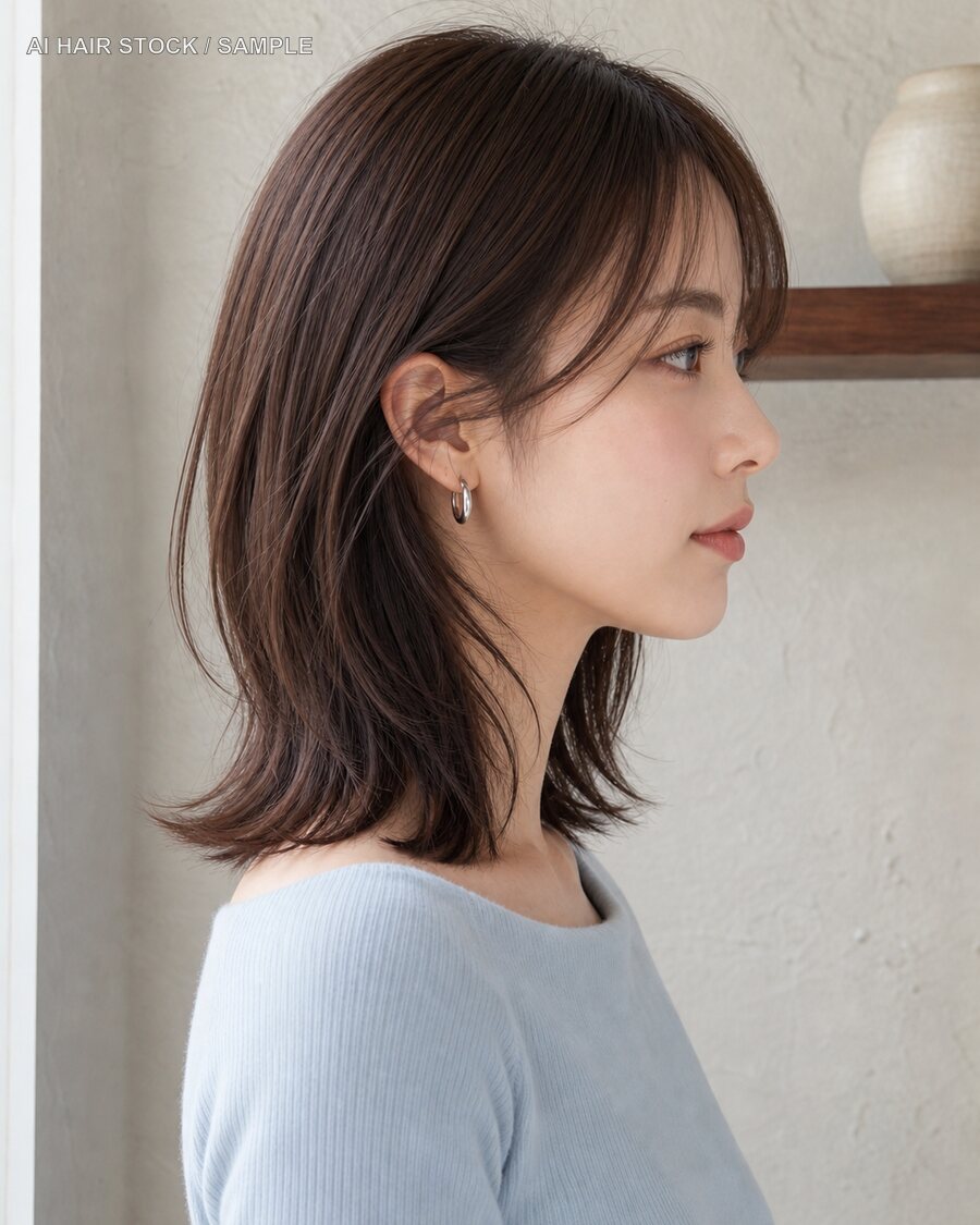 同じココアハッシュミディアムを横から見たAIヘアモデル