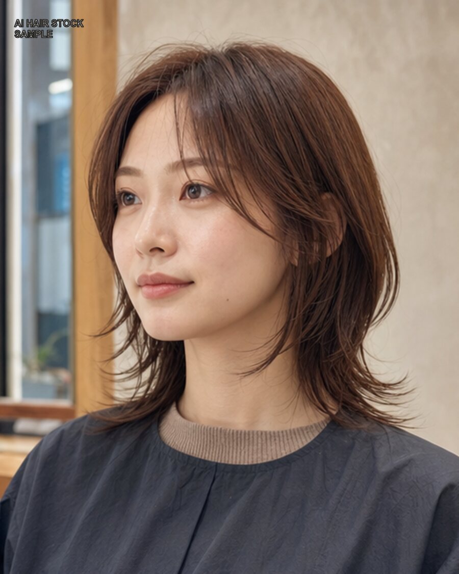 カッパーブラウンのミディアムウルフを斜め45度から見たAIヘアモデル