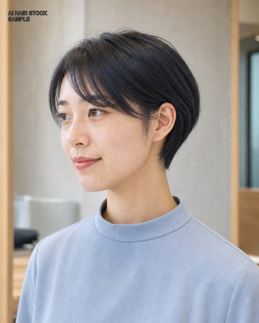 女性のハンサムショートを斜め45度から見たAIヘアモデル