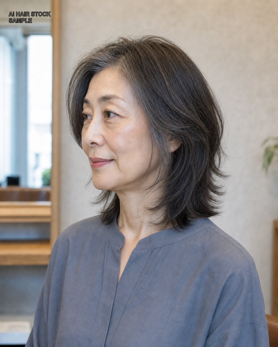 大人女性のグレイブレンドミディアムを斜め45度から見たAIヘアモデル