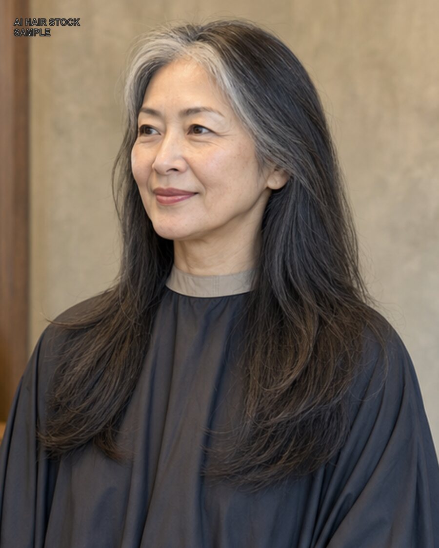 自然な白髪まじりの大人ロングを斜め45度から見たAIヘアモデル