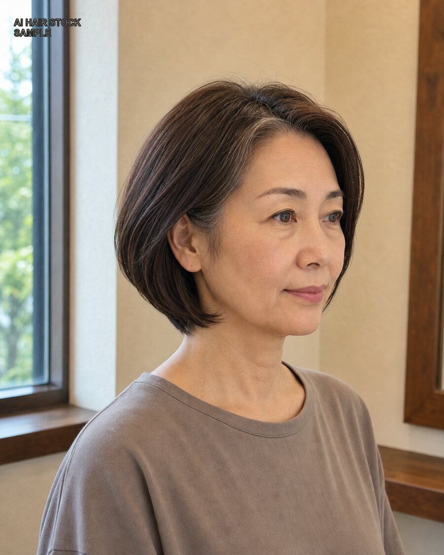 大人向け丸みボブを斜め45度から見たAIヘアモデル