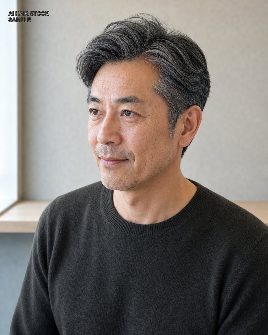 大人男性の白髪を活かしたショートを斜め45度から見たAIヘアモデル