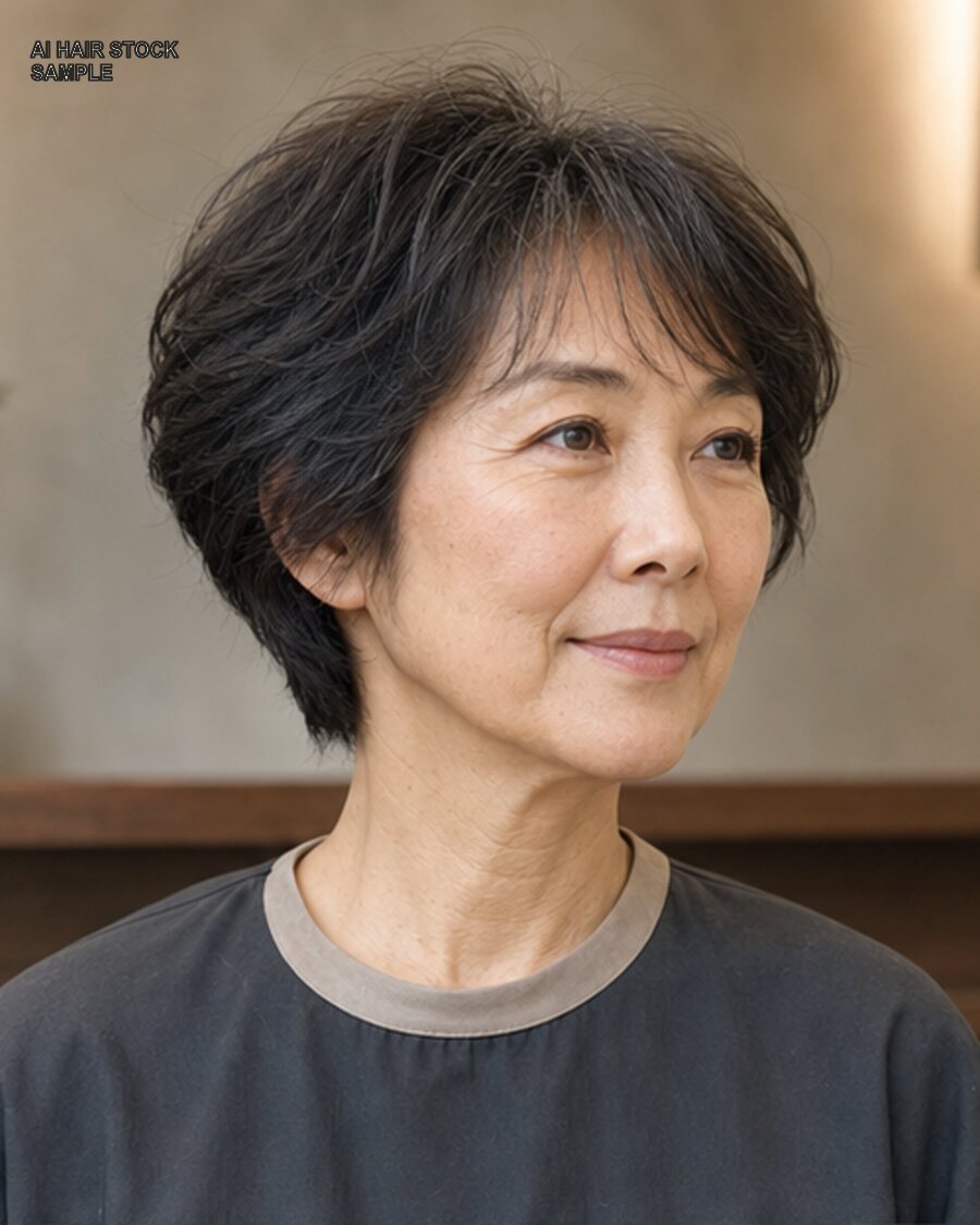 大人のソフトシャグショートを斜め45度から見たAIヘアモデル