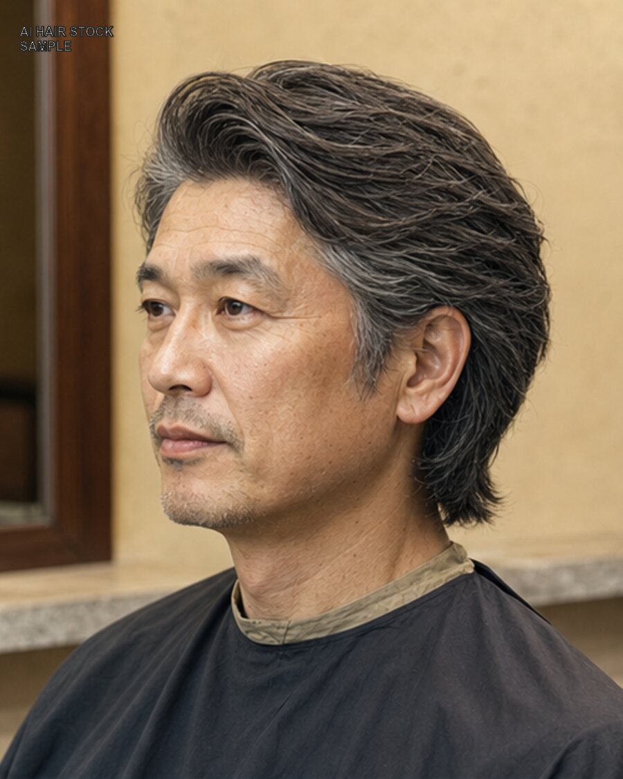 大人メンズの流しミディアムを斜め45度から見たAIヘアモデル