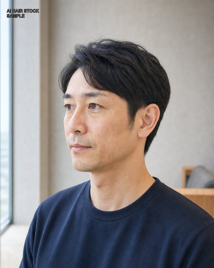 メンズビジネスショートを斜め45度から見たAIヘアモデル
