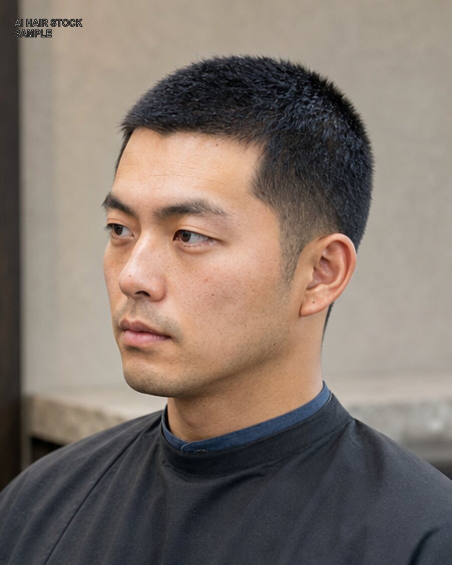 メンズベリーショートを斜め45度から見たAIヘアモデル