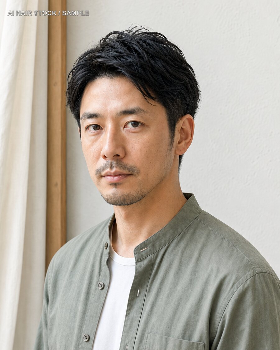 メンズクリーンアップショートを斜め45度から見たAIヘアモデル