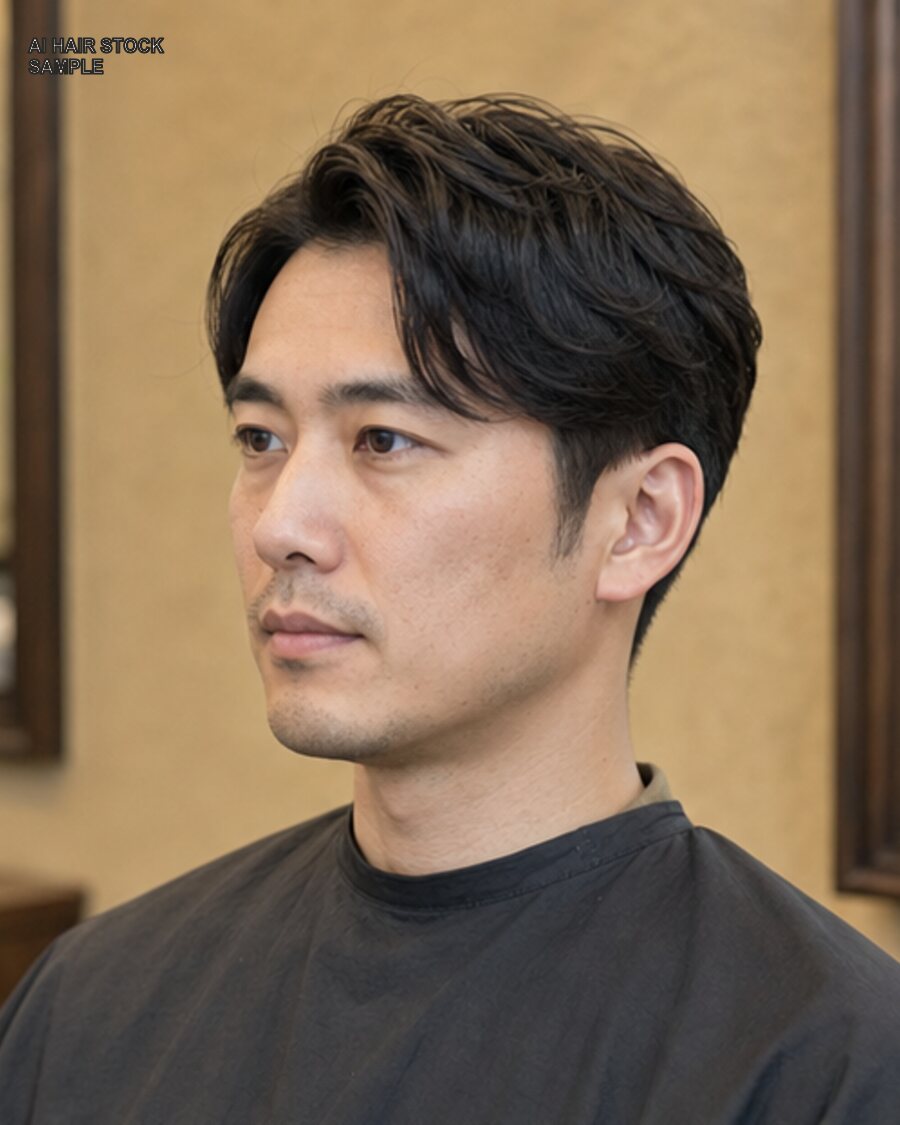 メンズダウンパーマショートを斜め45度から見たAIヘアモデル