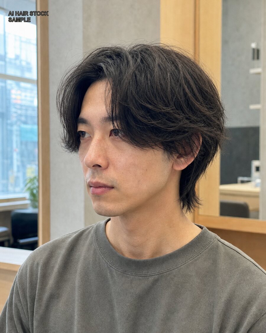 メンズゆるウェーブミディアムを斜め45度から見たAIヘアモデル