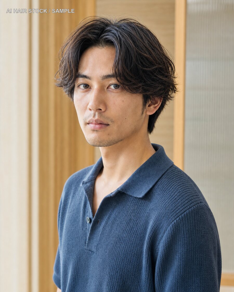 メンズルーズウェーブパーマを斜め45度から見たAIヘアモデル