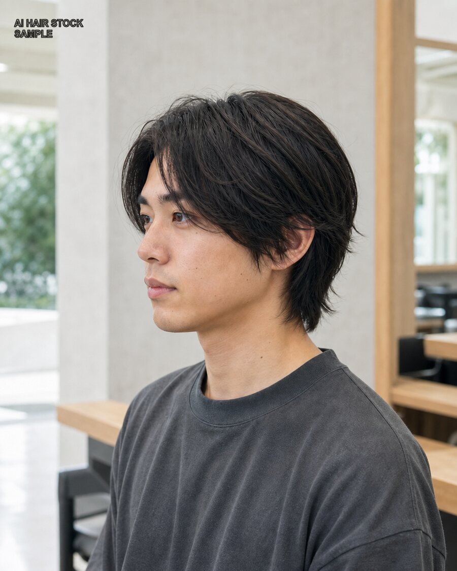 メンズミディアムレイヤーを斜め45度から見たAIヘアモデル