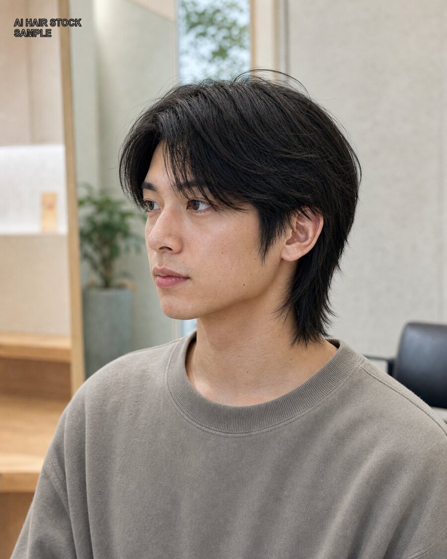 メンズナチュラルウルフを斜め45度から見たAIヘアモデル