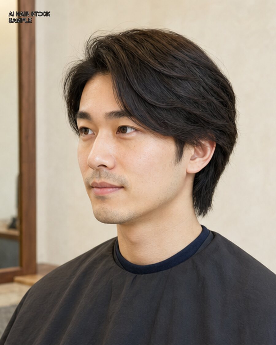 メンズサイドパートミディアムを斜め45度から見たAIヘアモデル