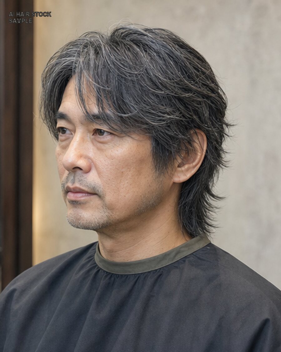 メンズシルバーウルフを斜め45度から見たAIヘアモデル