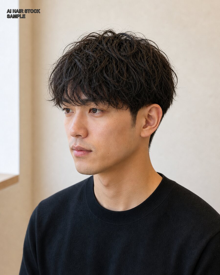 メンズのソフトスパイラルマッシュを斜め45度から見たAIヘアモデル