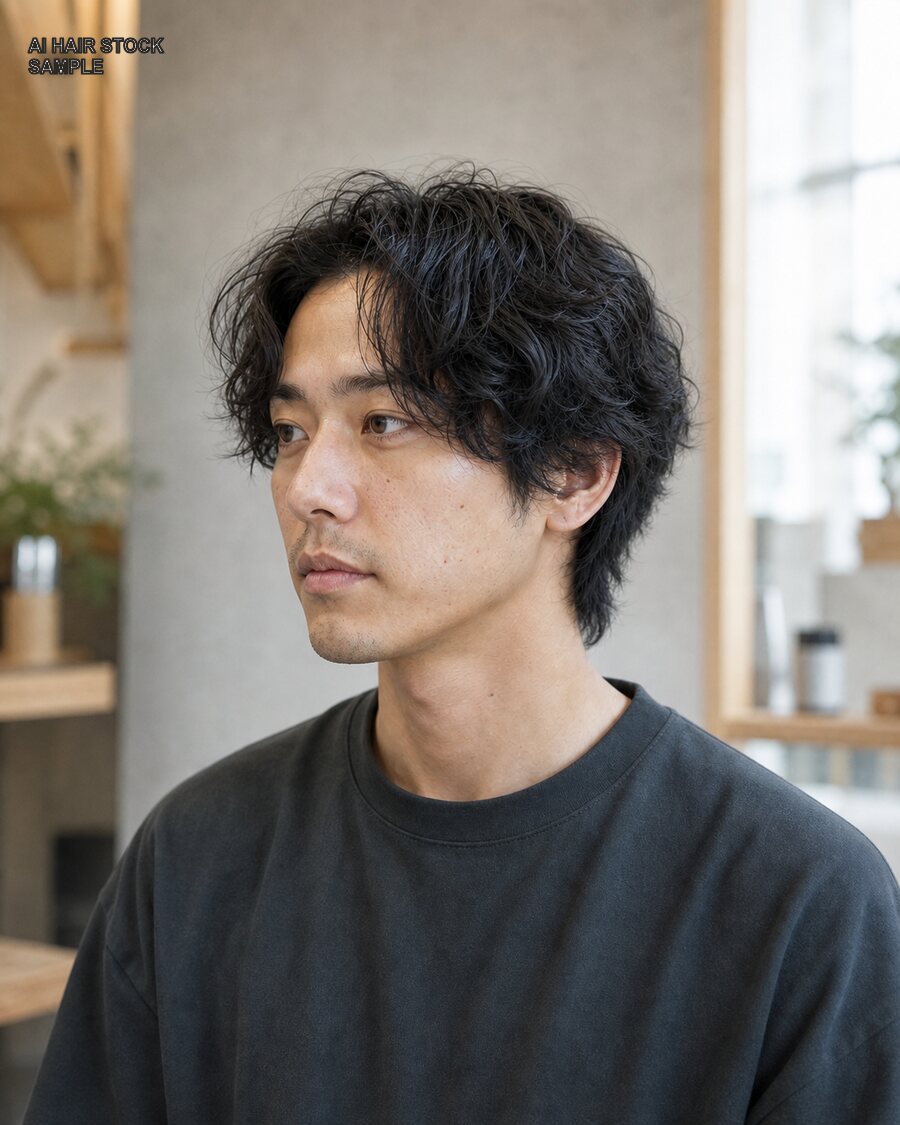 メンズスパイラルセンターパートを斜め45度から見たAIヘアモデル