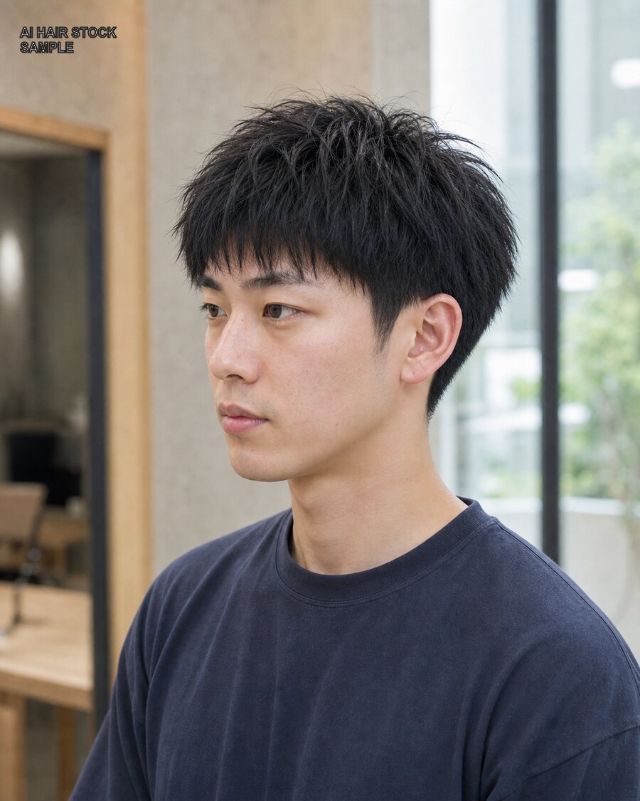 メンズテクスチャークロップを斜め45度から見たAIヘアモデル