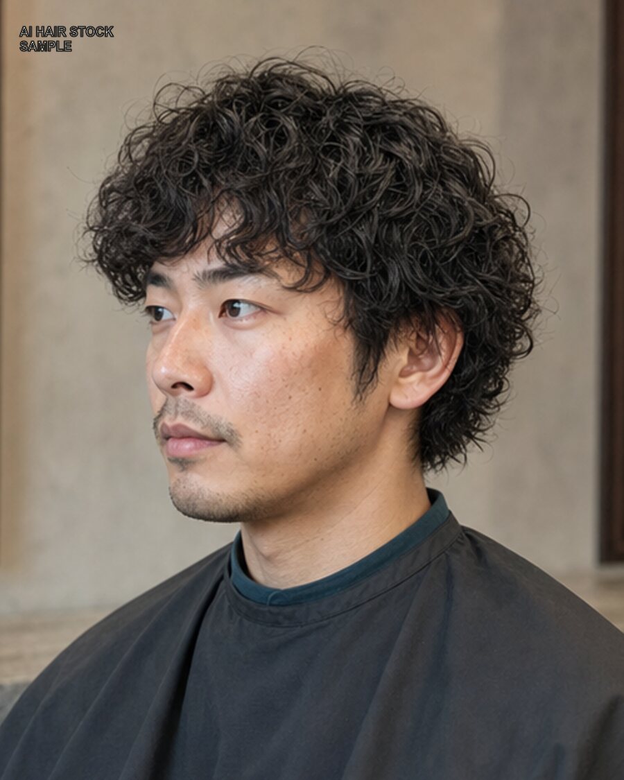 メンズタイトカールミディアムを斜め45度から見たAIヘアモデル