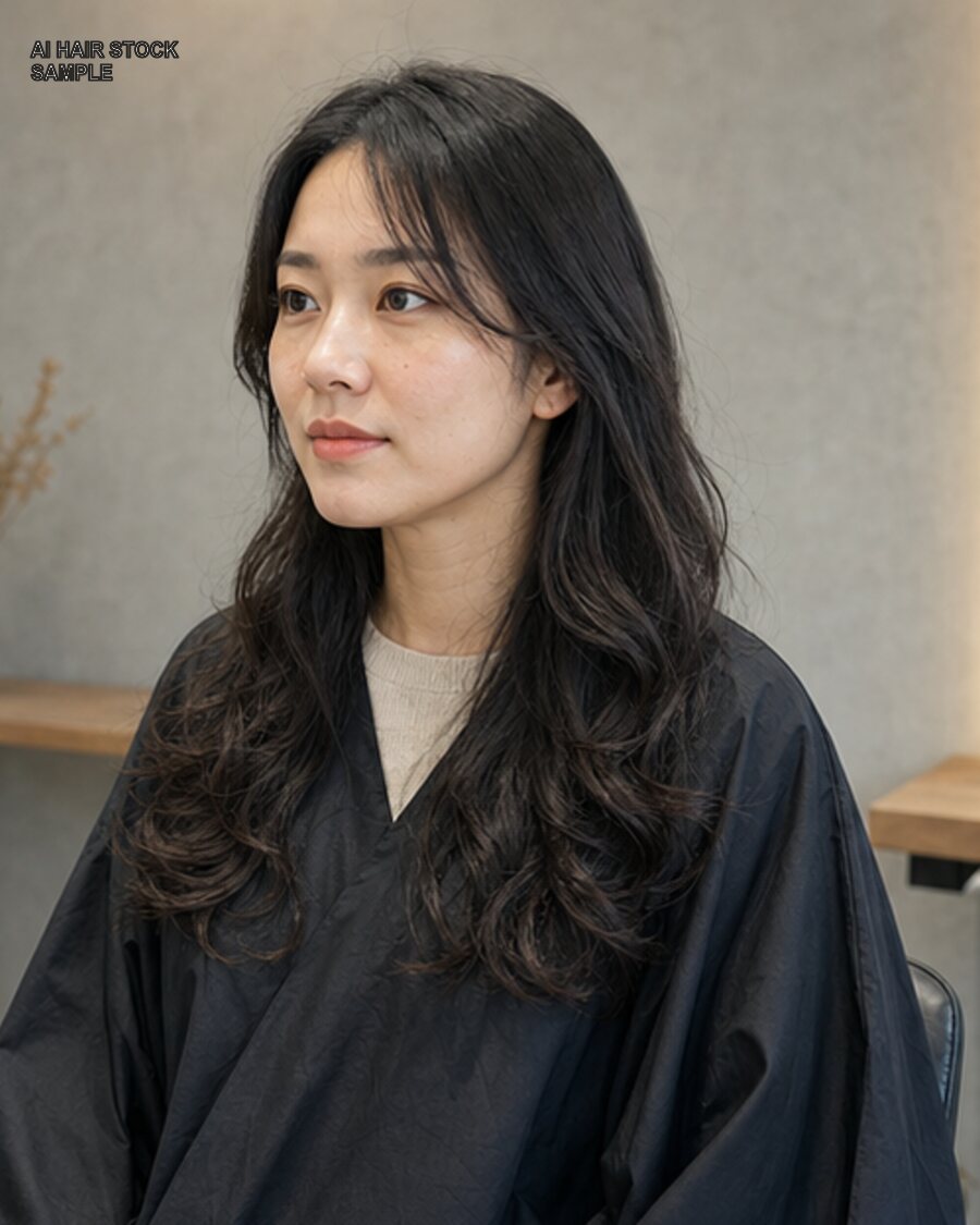 自然な黒髪ロングカールを斜め45度から見たAIヘアモデル