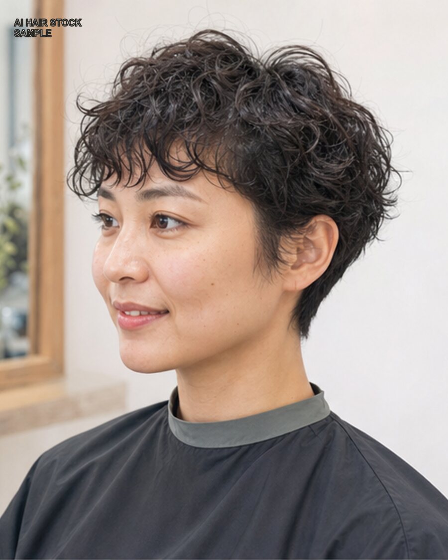 ナチュラルカーリーピクシーを斜め45度から見たAIヘアモデル