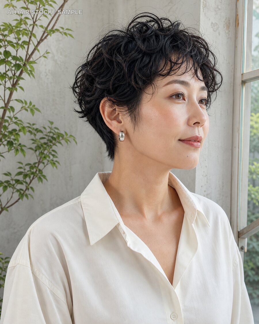 ナチュラルカールピクシーを斜め45度から見たAIヘアモデル