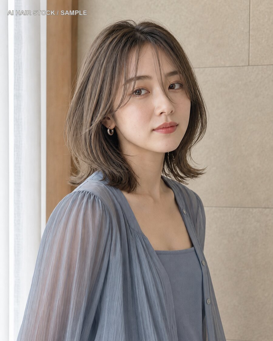 オリーブレイヤーロブを斜め45度から見たAIヘアモデル