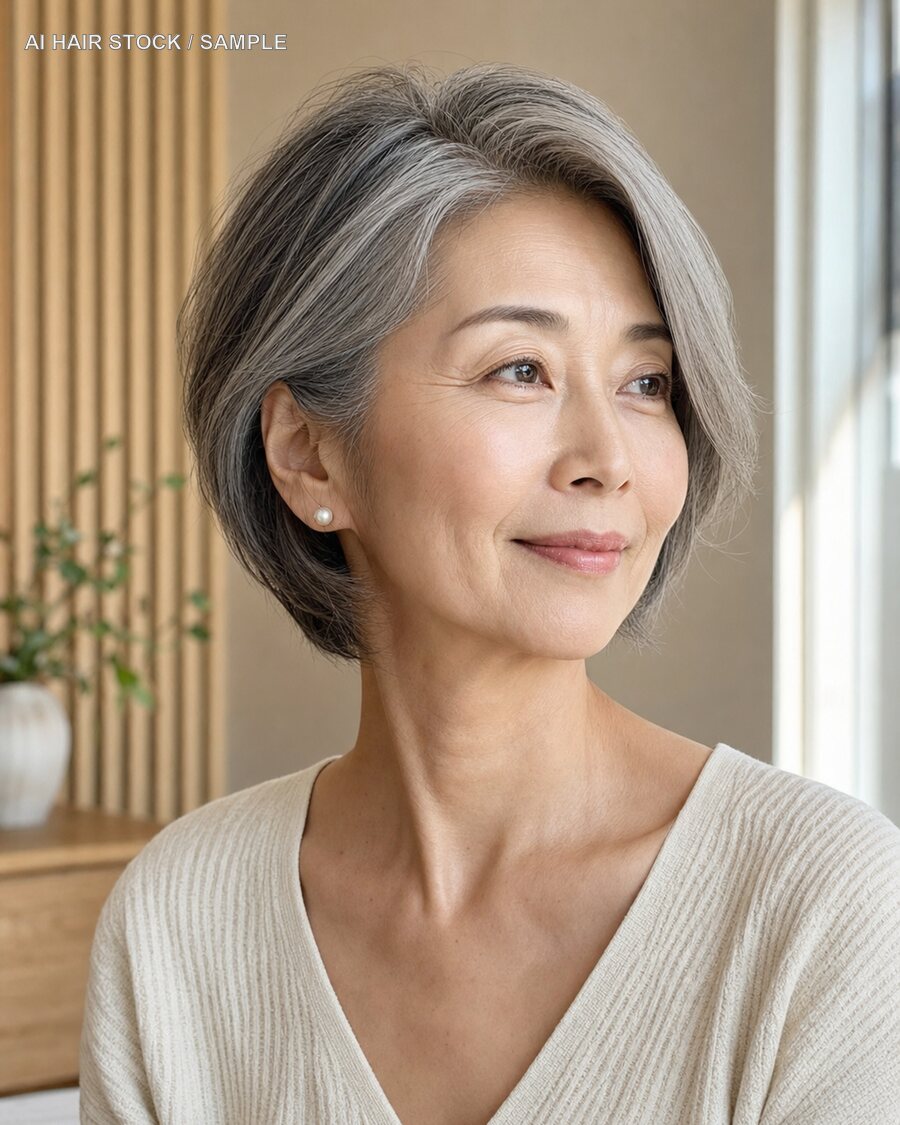 パールグレーソフトボブを斜め45度から見たAIヘアモデル
