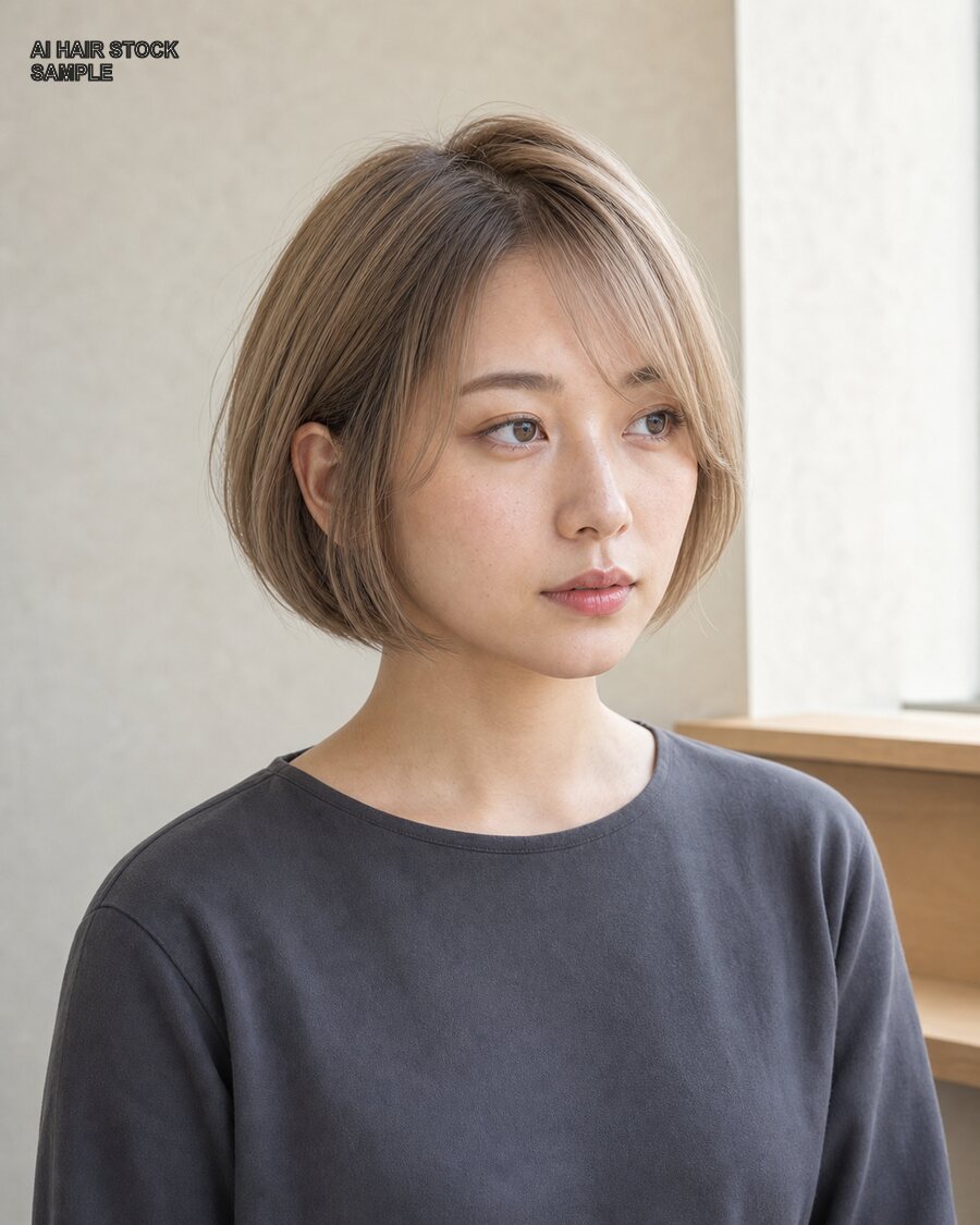 シアーベージュボブを斜めから見たAIヘアモデル