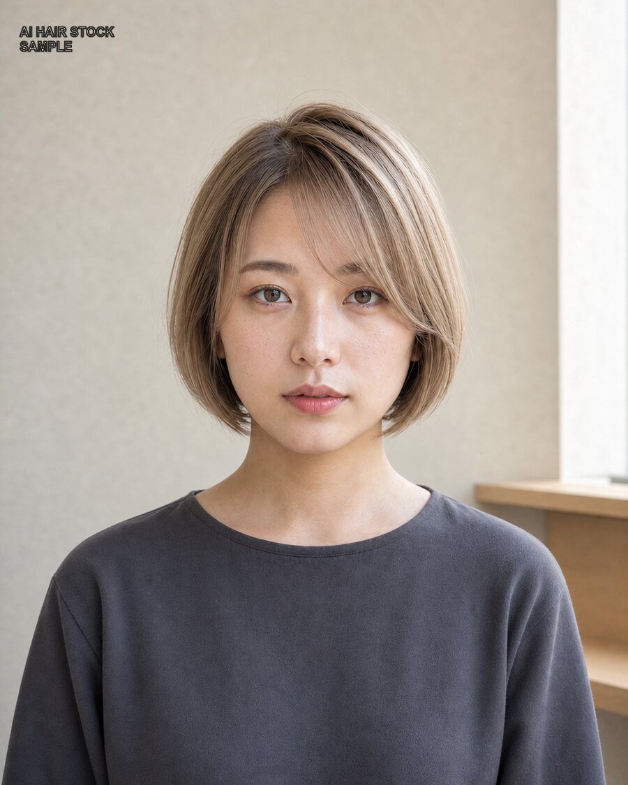 同じシアーベージュボブを正面から見たAIヘアモデル