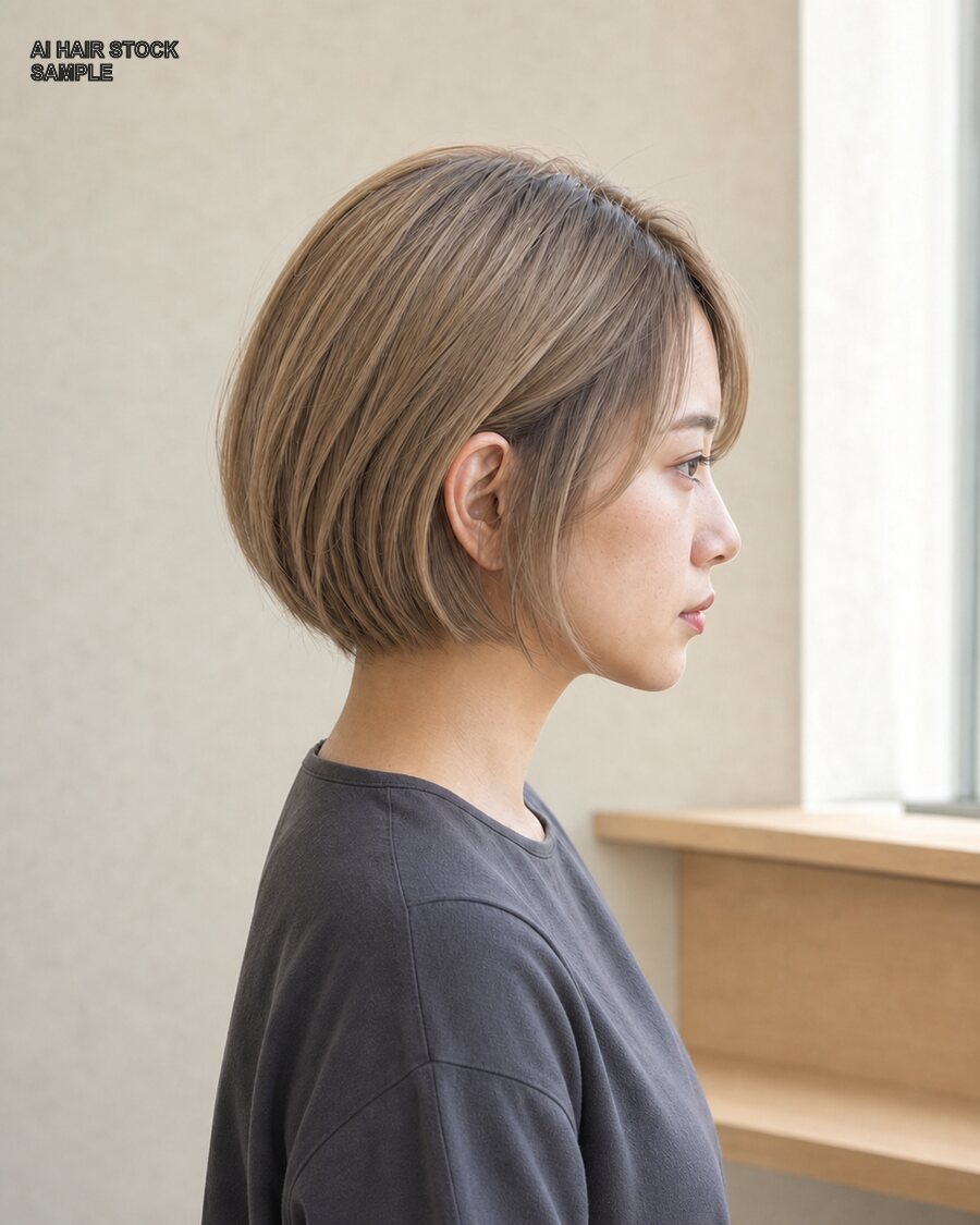 同じシアーベージュボブを横から見たAIヘアモデル