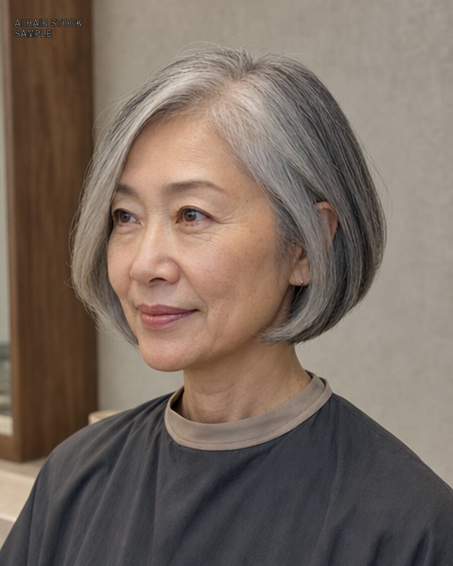シルバーの切りっぱなしボブを斜め45度から見たAIヘアモデル