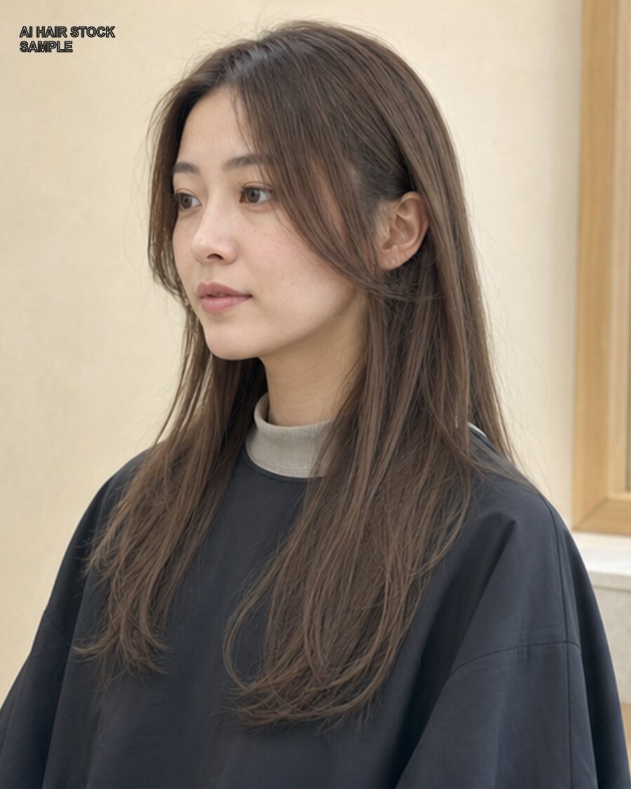 スモーキーベージュのロングレイヤーを斜め45度から見たAIヘアモデル