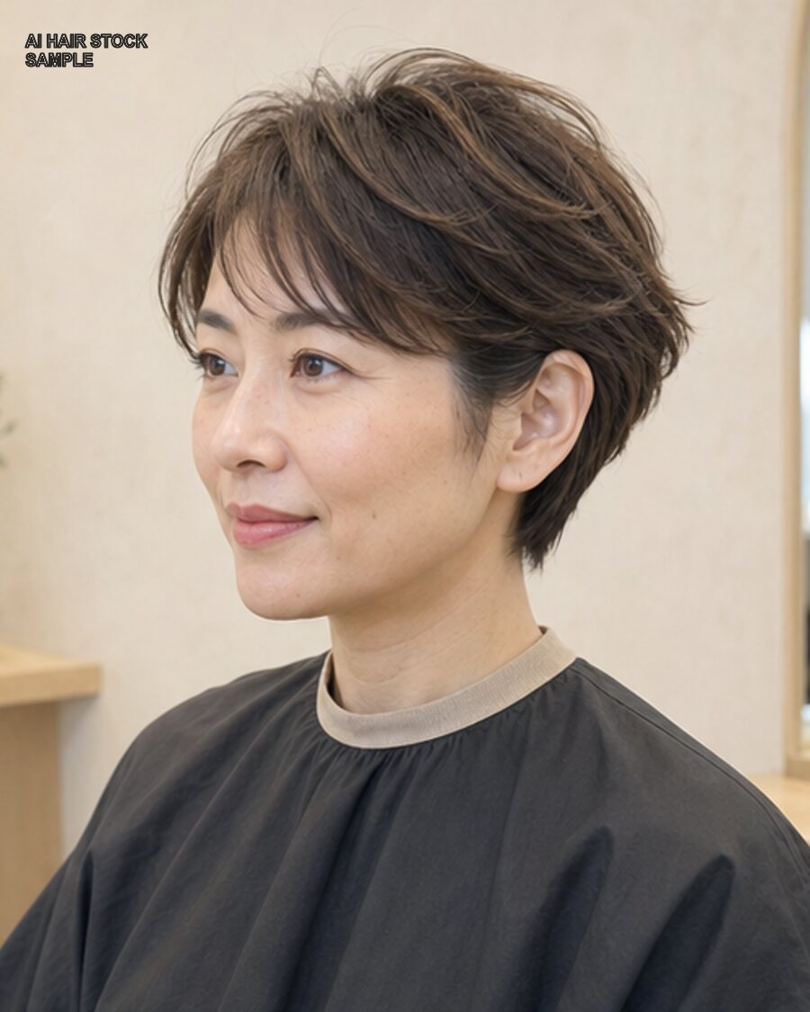 女性のソフトフェザーショートを斜め45度から見たAIヘアモデル