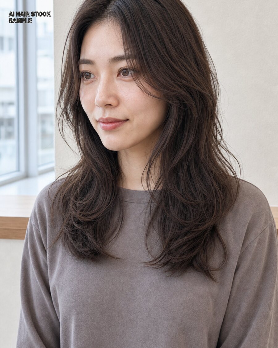 ソフトレイヤーウェーブロングを斜め45度から見たAIヘアモデル
