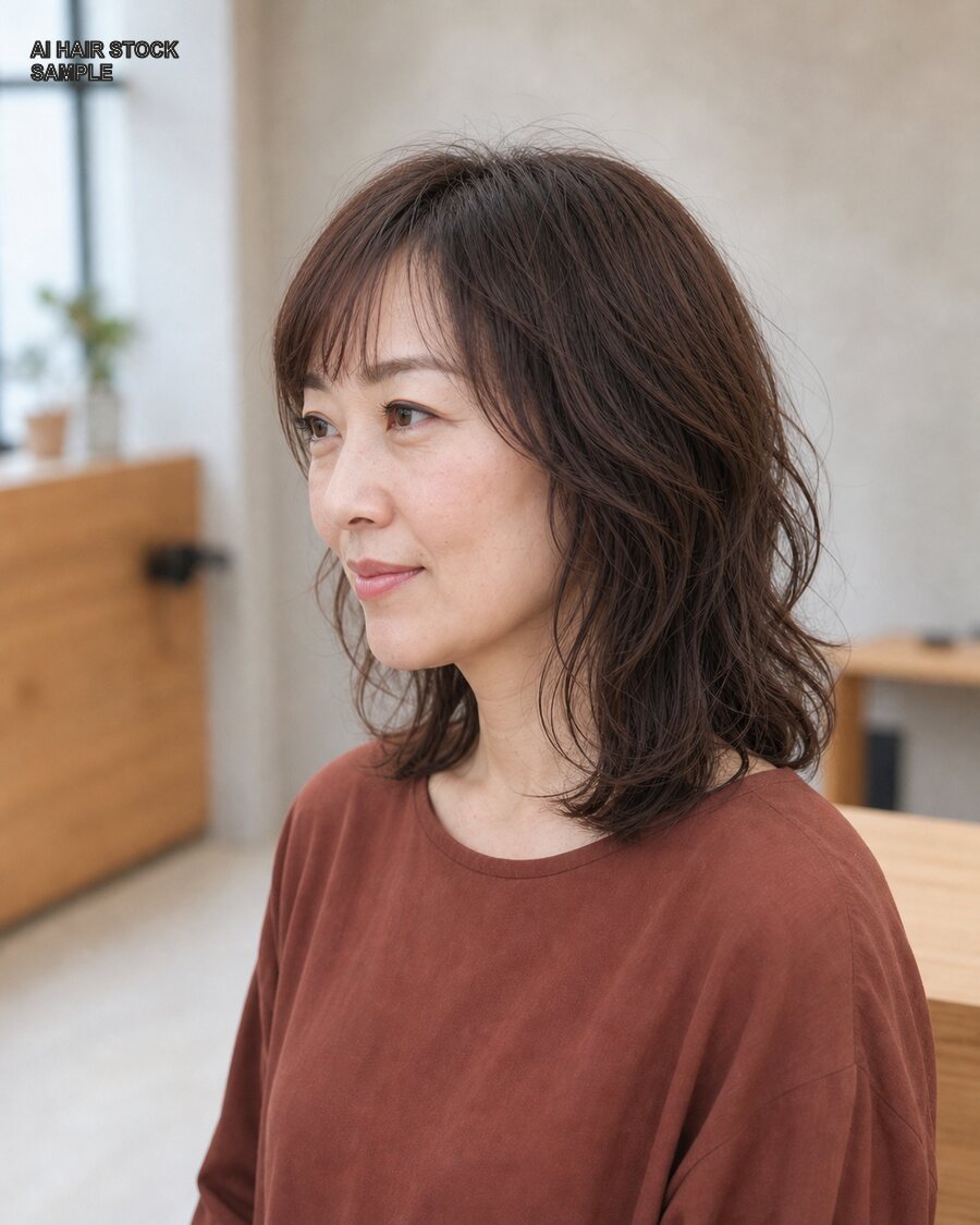 柔らかパーマミディアムを斜め45度から見たAIヘアモデル
