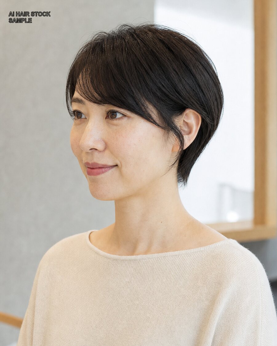 女性の丸みショートを斜め45度から見たAIヘアモデル