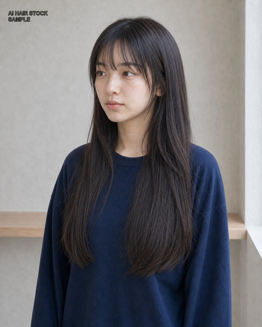 前髪ありストレートロングを斜め45度から見たAIヘアモデル