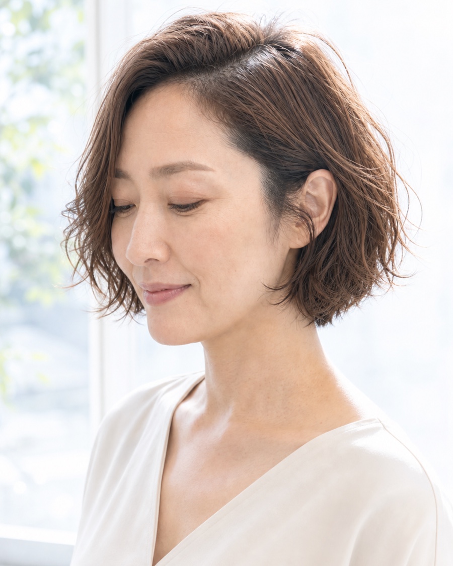 エアリーカールボブを斜め45度から見たAIヘアモデル