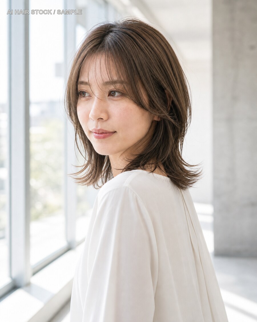 エアリーミディアムウルフを振り向きの動きで見せたAIヘアモデル