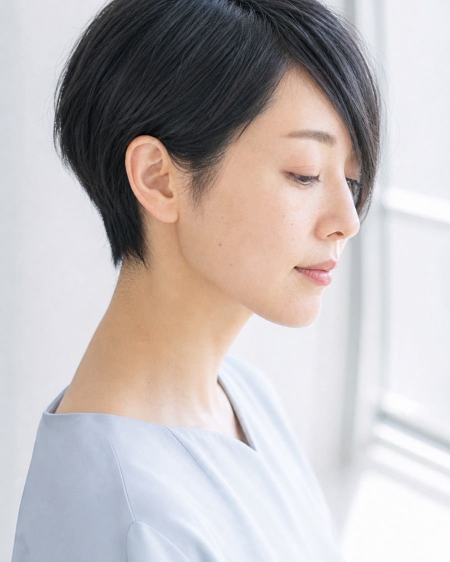 アシンメトリーピクシーを斜め45度から見たAIヘアモデル