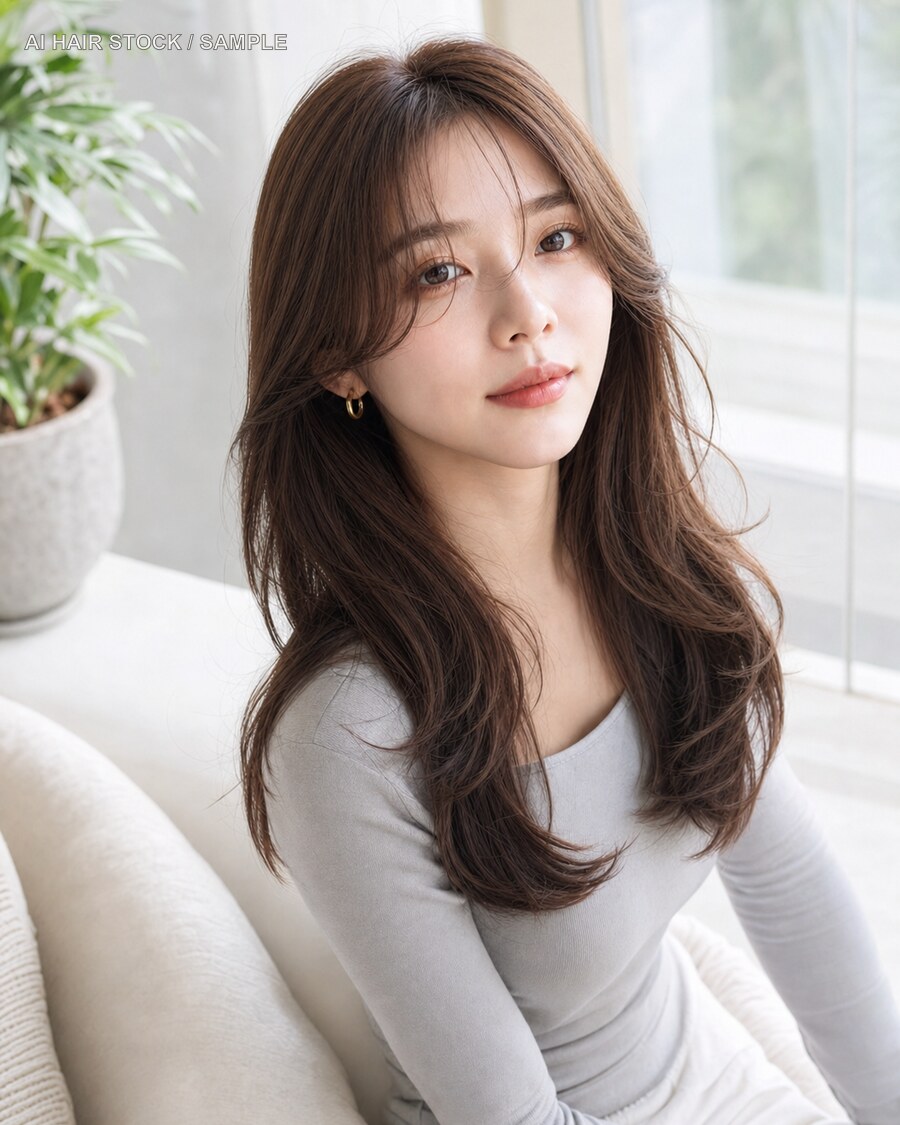 キャラメルバタフライロングを俯瞰の座り姿で見せたAIヘアモデル
