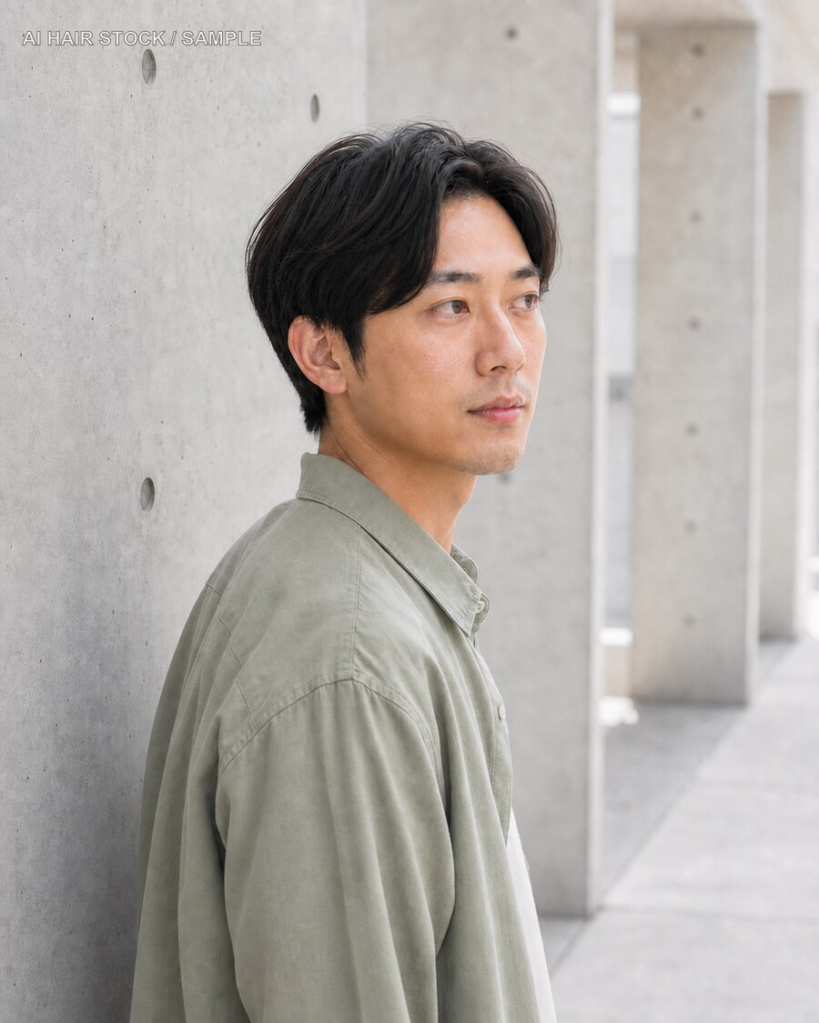 メンズのセンターパートを横向きで見せたイメージカット