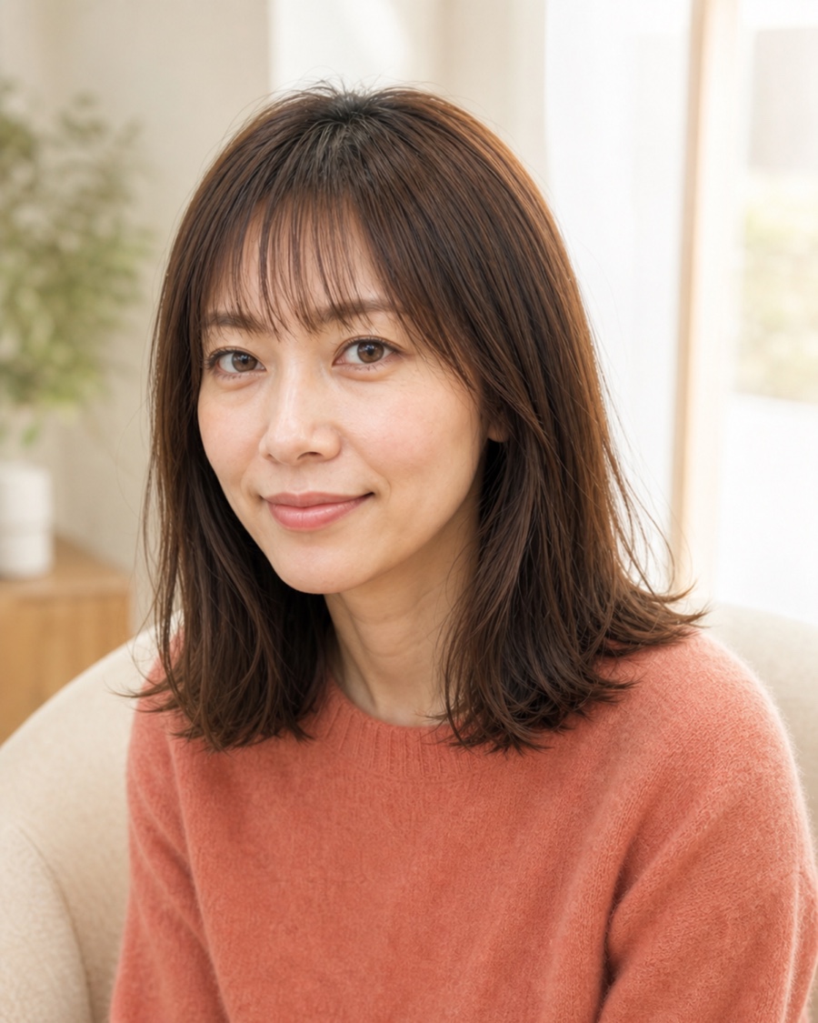 栗色の前髪ロブを斜め45度から見たAIヘアモデル