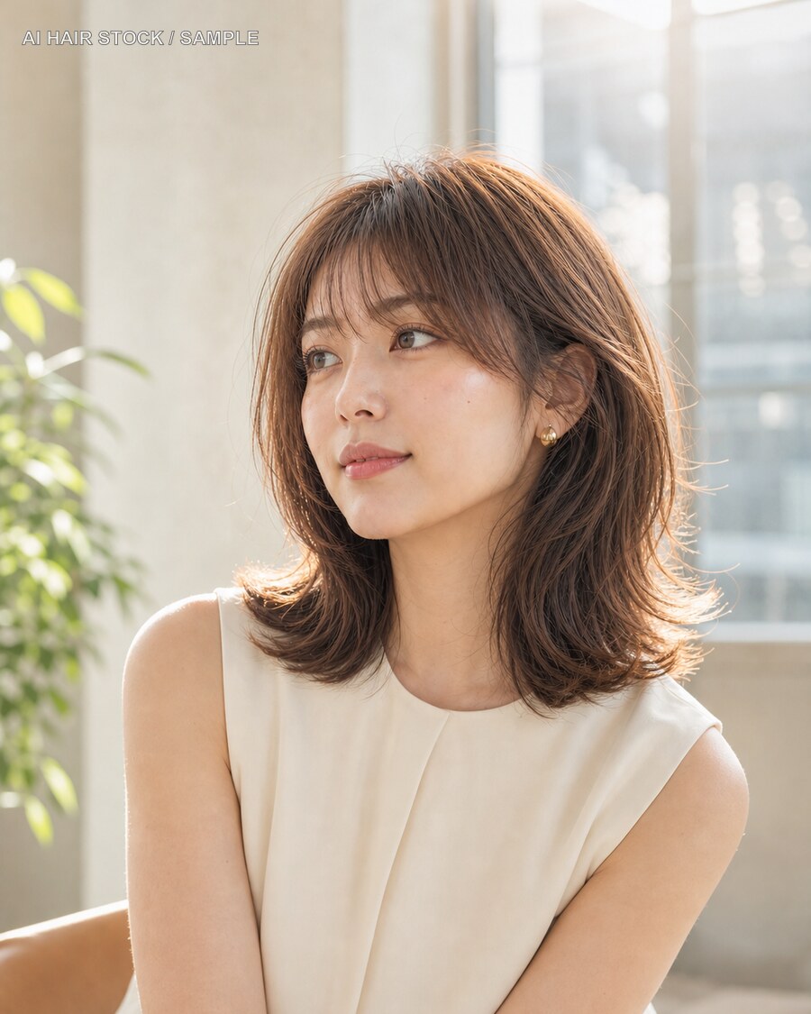 カッパーウルフレイヤーを逆光の座り姿で見せたAIヘアモデル